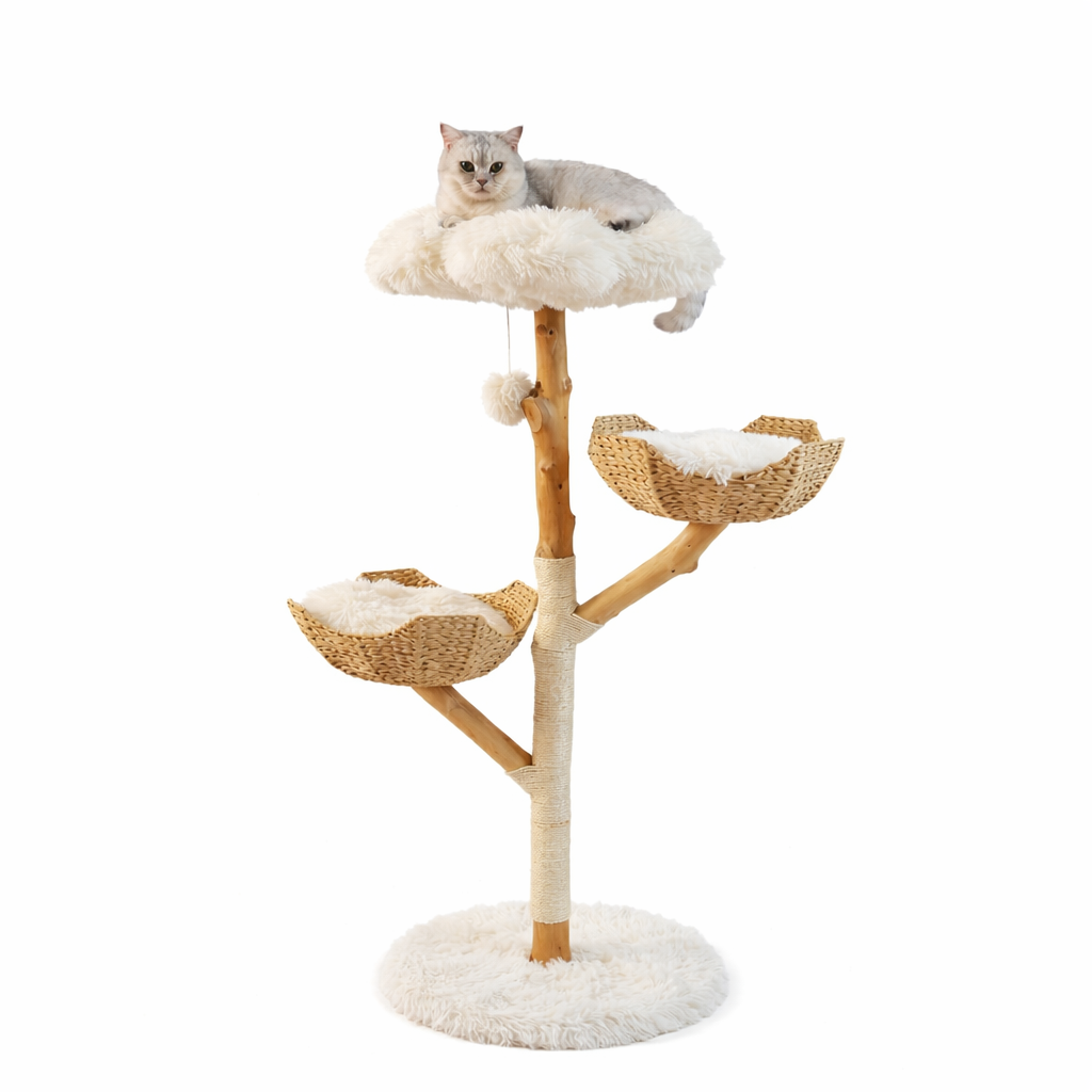 Arbre à chat en bois naturel – 3 niveaux avec paniers et coussins