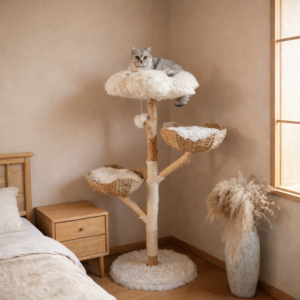 Arbre à chat en bois naturel – 3 niveaux avec paniers et coussins
